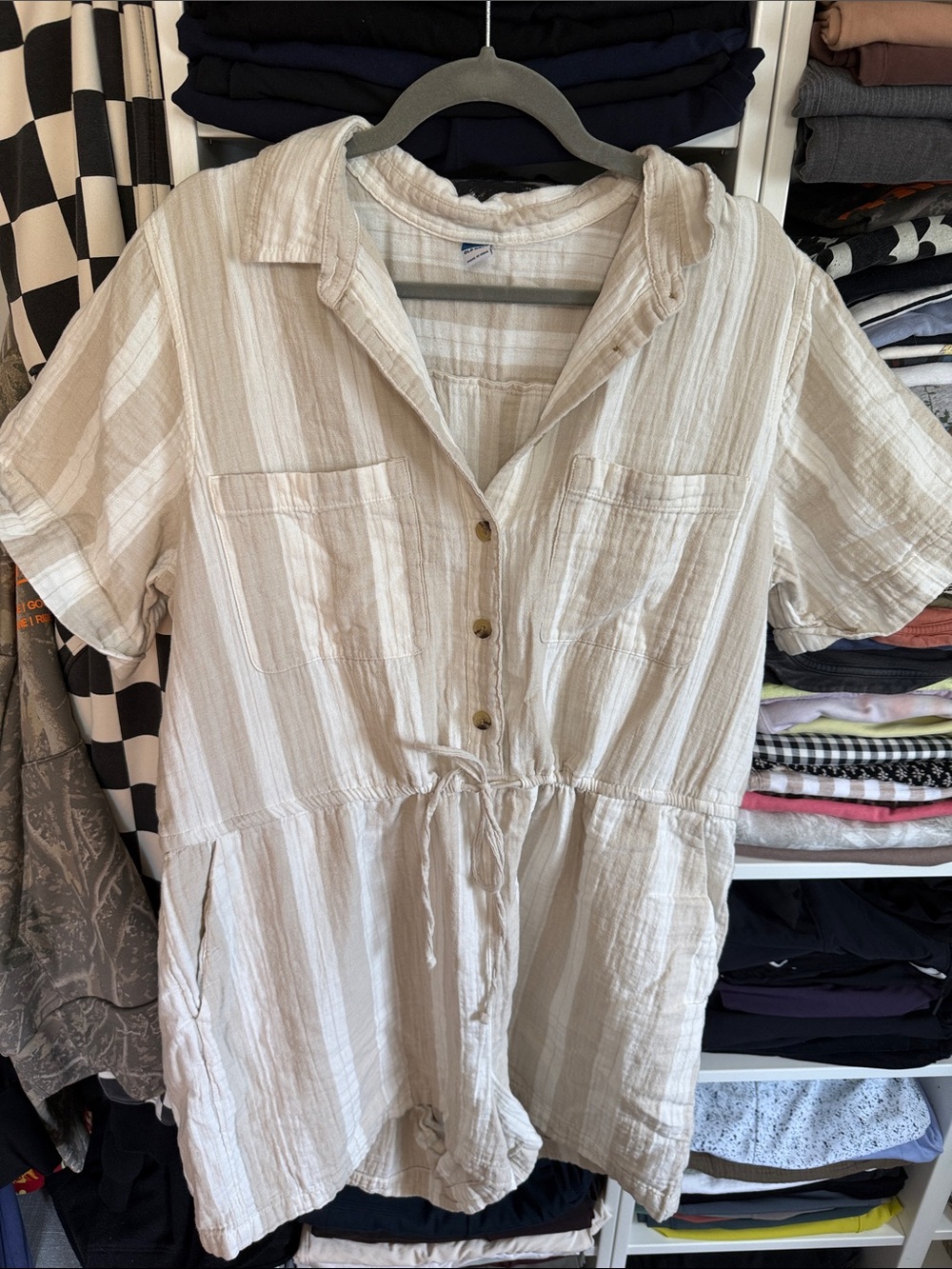 Old Navy Cream and Light Beige Striped Short-Sleeve Romper—XL TALL